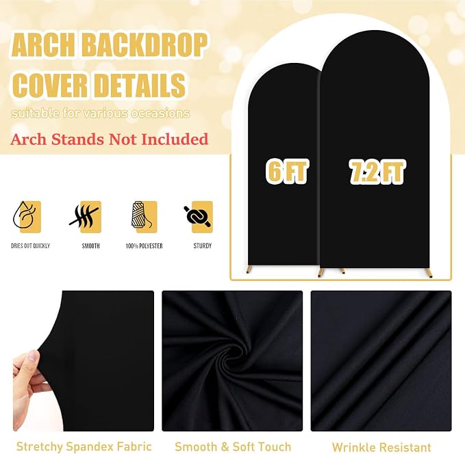 FUHSY Black Arch Cover Set of 2 Fitted Arch Covers Spandex Backdrop Covers Round Top Chiara Backdrop Stand Covers Double Sided Wedding Arch Stand Covers for Halloween Birthday Party Decor 6FT, 7.2FT