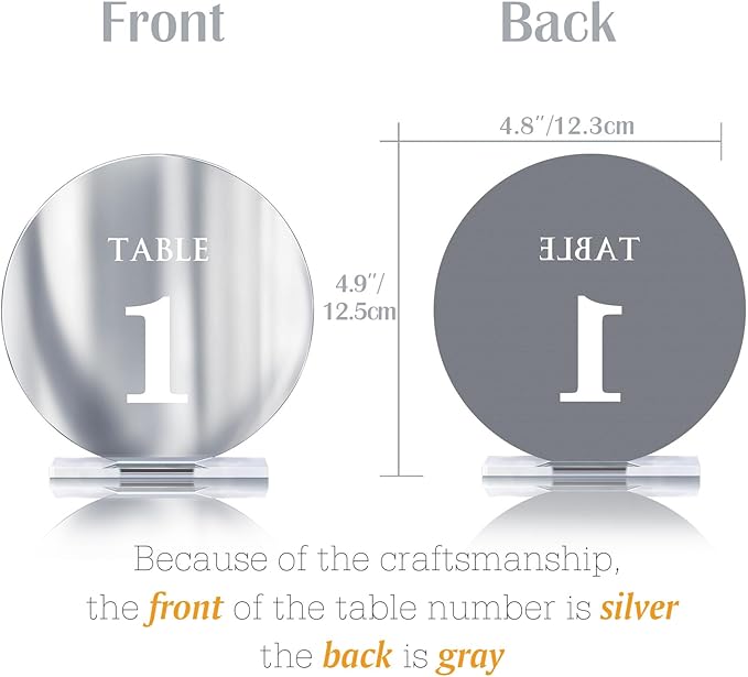 Acrylic Wedding Table Numbers 1-10 with Stands,4.8"Round Mirror Silver Table Number Signs and Holders for Wedding Reception, Party, Event, Centerpiece Decoration