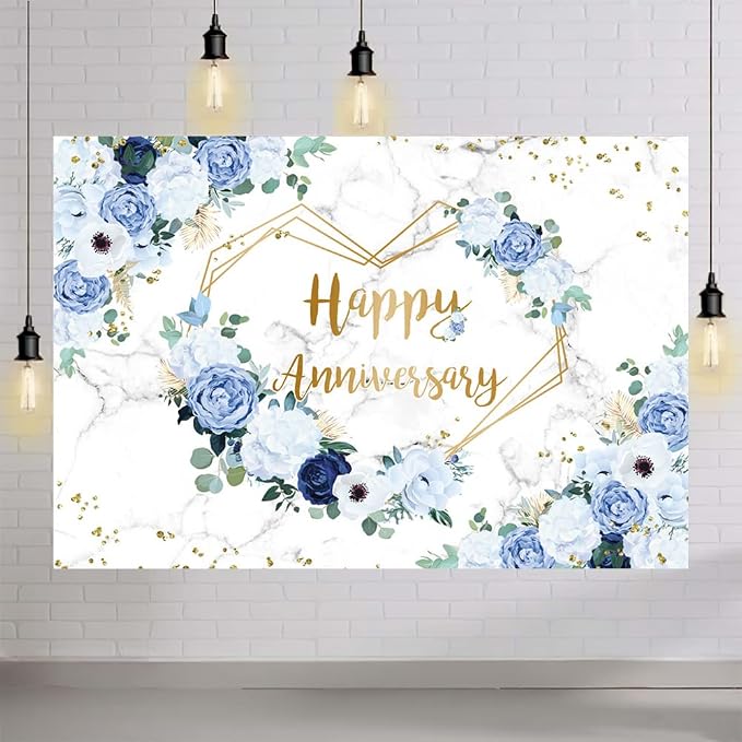 MEHOFOND 10x7ft Happy Anniversary Backdrop Blue and White Floral Wedding Anniversary Photography Background Hearts Geometric Couple Wedding Women Birthday Party Cake Smash Decor Studio Photo Props