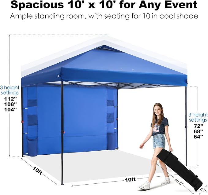 GAFETE 10×10 Pop Up Canopy Tent with 1 Pockets Sidewall, Easy up Sun Shade with One Push Setup, Portable Instant Outdoor Canopy Tent for Events Parties Camping with Carrying Bag (Navy, 10x10 FT)