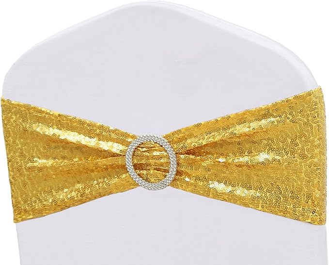 Double-Sided Sequins Gold Chair Sashes for Wedding Decor, Golden Sequin Chair Sashes Bands with Silver Buckles, Chair Bows for Party Ceremony Event Christmas Decorations - 100 Pack