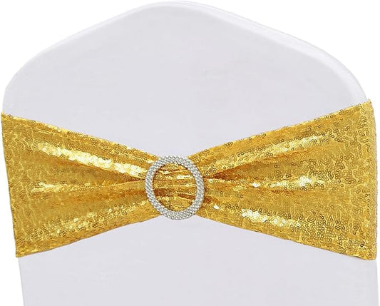 Full Sparkly Sequins Gold Chair Sashes for Wedding, Shimmering Glitter Chair Bands Bows for Party Ceremony Event Decorations - 50 Pack