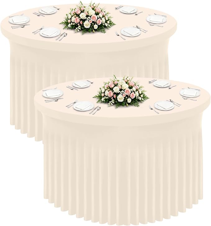 Smiry Round Spandex Tablecloth 2 Pack, Elastic Fitted Washable Tablecloths for 60 Round Tables, Waterpoof Stretch Table Cover Skirt for Outdoor, Wedding, Banquet & Parties, Beige