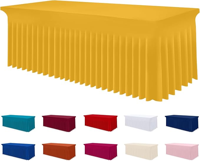Smiry Spandex Tablecloth, Elastic Fitted Stretch Tablecloth for 8FT Rectangle Tables, Waterproof Washable Table Cover Skirt for Outdoor, Wedding, Banquet & Parties (Mustard Yellow, 96Lx30Wx30H Inch)