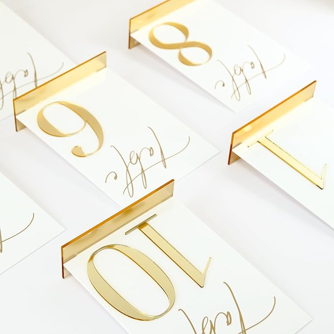 Acrylic Wedding Table Numbers 1-15 with Stands, 5"x7" White Acrylic Signs with 3D Gold Mirror Numbers, White and Gold 3D Table Numbers for Wedding Reception, Anniversary, Event