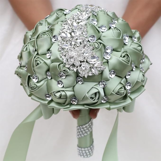 Wedding Bridal Bouquet with Silver Brooch Bling Rhinestone for Bride Bridesmaid Quinceanera Satin Rose Flower Bouquet Wedding Sage Green 7.1in