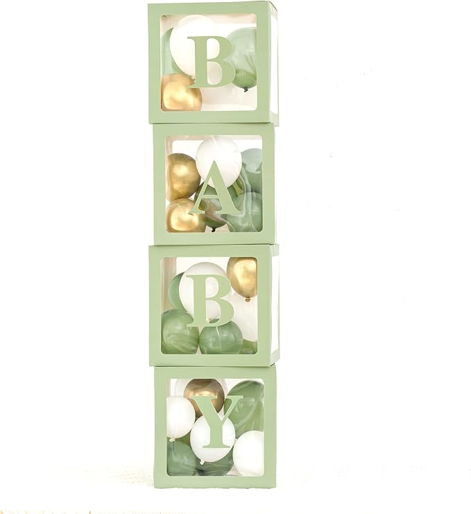 luckylibra Sage Green Baby Shower Decorations, B - A - B - Y Transparent Balloon Boxes & 35Pcs Balloons