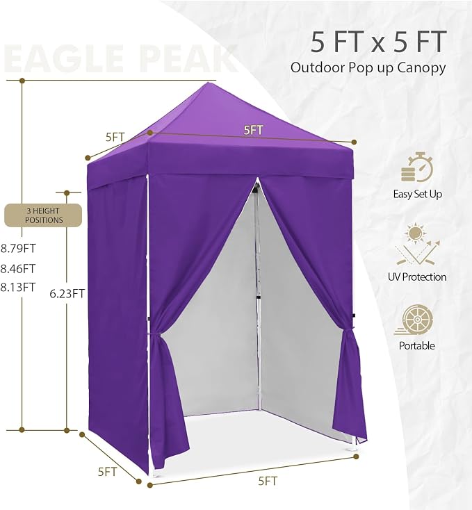 EAGLE PEAK 5x5 Instant Canopy with 4-Side Wall Panels, Small Pop up Portable Canopy Tent with Carry Bag, Light Weight Sun Shelter for Sports, Camping and Beach, Purple