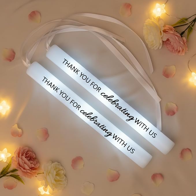 JellyArch 50 Pack Wedding Glow Sticks for Reception LED Foam Light up Sticks with Ribbon Light Stick Bulk with White Flashing for Wedding Send Off Party Favors, Dance Floor, Birthday