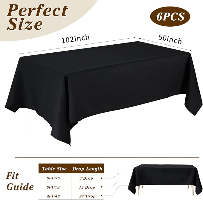 Fixwal 6 Pack Black 60 x 102 Inch Rectangle Tablecloths, Reusable Heavy Duty Washable Polyester Table Covers for 6 Ft Tables, Wedding, Party, Outdoor, Picnic, Camping