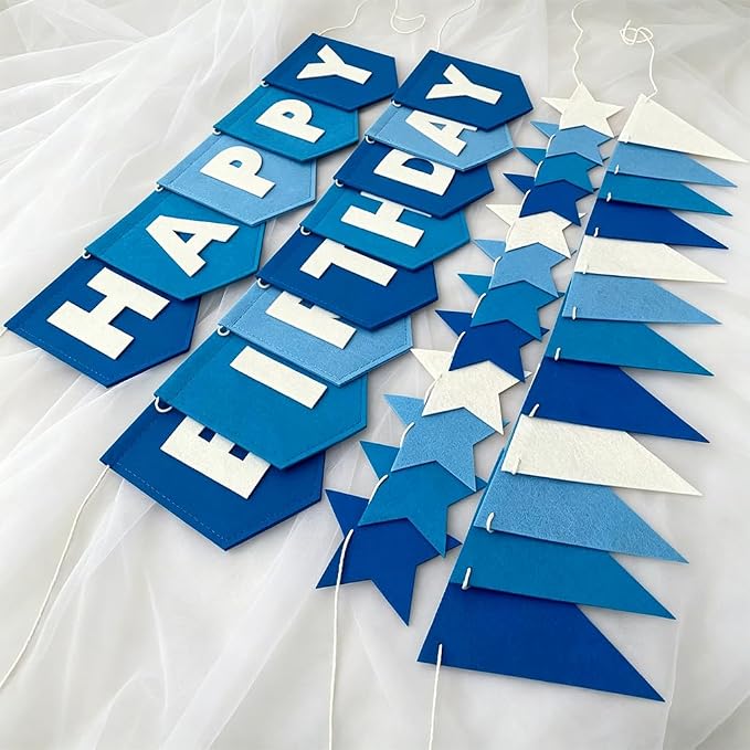 Yancan Blue Happy Birthday Banner for Women Men Boys Girls Party Decoration | Pre-strung Felt Happy Birthday Banner, Star Garland, Triangle Flags