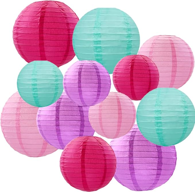 CC wonderland zone 12pcs Hot Pink Purple and Pastel Blue Paper Lanterns,Hanging Paper Lanterns for Girls Baby Shower Ocean Theme Under The Sea Birthday Party Decorations