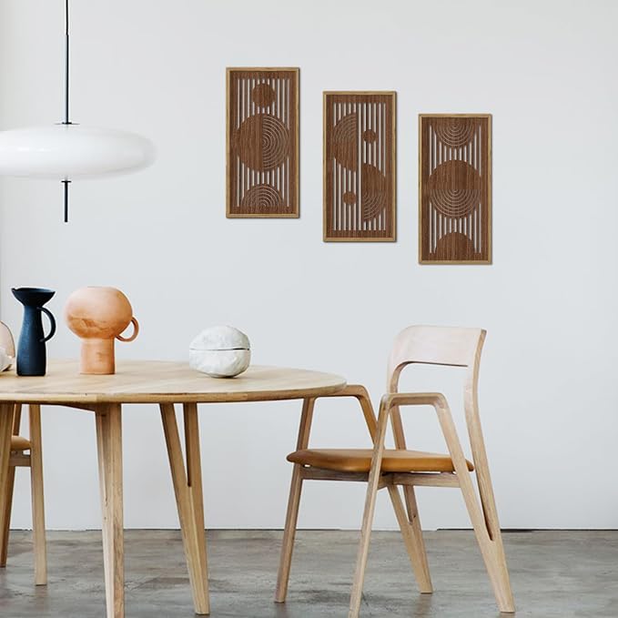 IARTTOP Boho Abstract Wooden Wall Decor Set of 3 Mid-Century Modern Geometric Line Wooden Wall Art 8"x16" Neutral Brown Cutout Wood Panels Decor for Living Room Bedroom Minimalist Home