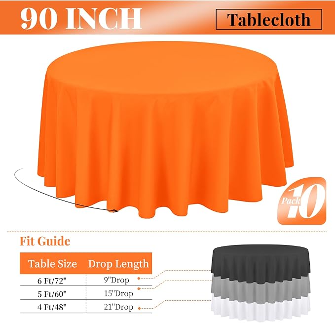 fani 10 Pack 90 Inch Round Tablecloth, Orange Polyester Fabric Table Cloth for Round Table, Stain and Wrinkle Resistant Washable Tables Cover for Wedding Party Dining Tables Buffet and Camping