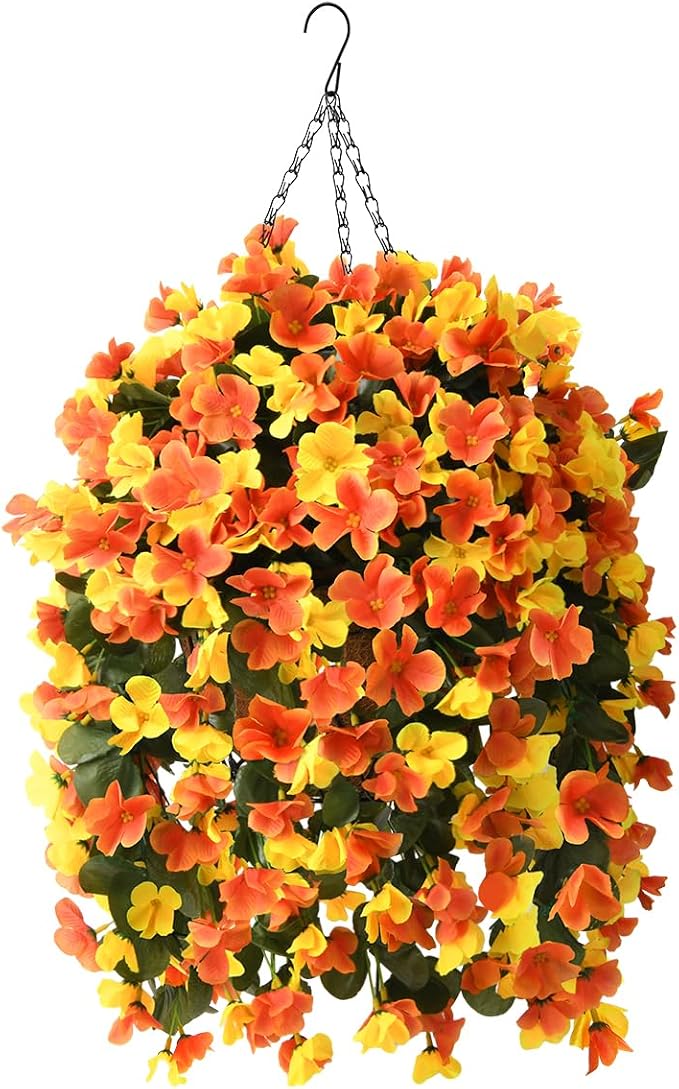 INQCMY Fake Flowers with Hanging Basket Realistic Artificial Begonias | Faux Plants UV Resistant for Outdoors Fall Decor, Silk Trailing Flower for Outside Windowsill Porch Patio Yard Planters