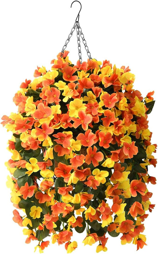 INQCMY Fake Flowers with Hanging Basket Realistic Artificial Begonias | Faux Plants UV Resistant for Outdoors Fall Decor, Silk Trailing Flower for Outside Windowsill Porch Patio Yard Planters