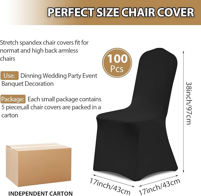 Asnomy Chair Covers Stretch Spandex Chair Covers Universal Fitted Chair Cover Protector for Wedding,Party,Dining and Banquet（Black, 100 PCS