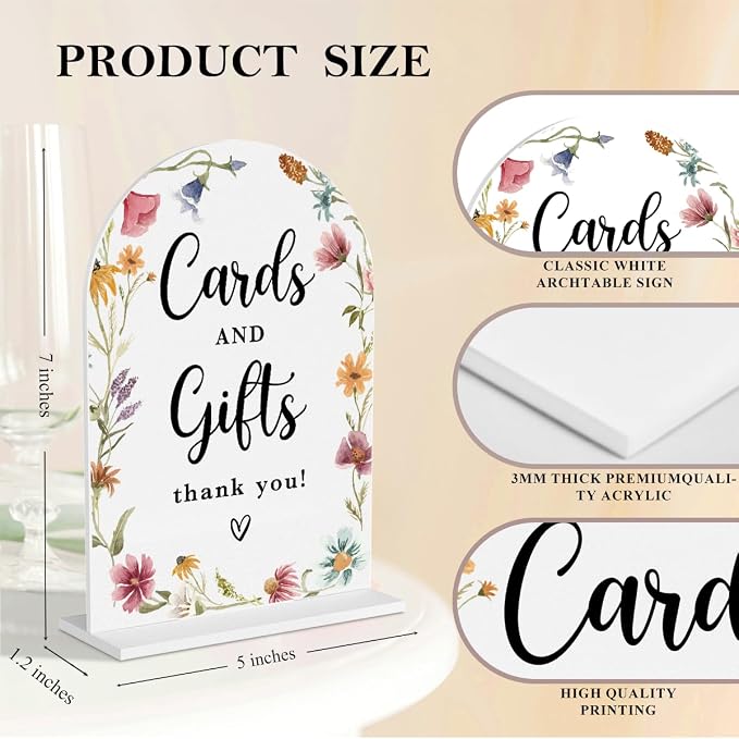4 Pcs Acrylic Wedding Signs for Reception, Bridal Shower Decorations, Cards and Gifts Signs, Guest Book Sign, Arch Acrylic Table Top Sign with Holder for Wedding Reception (White Wildflowers)