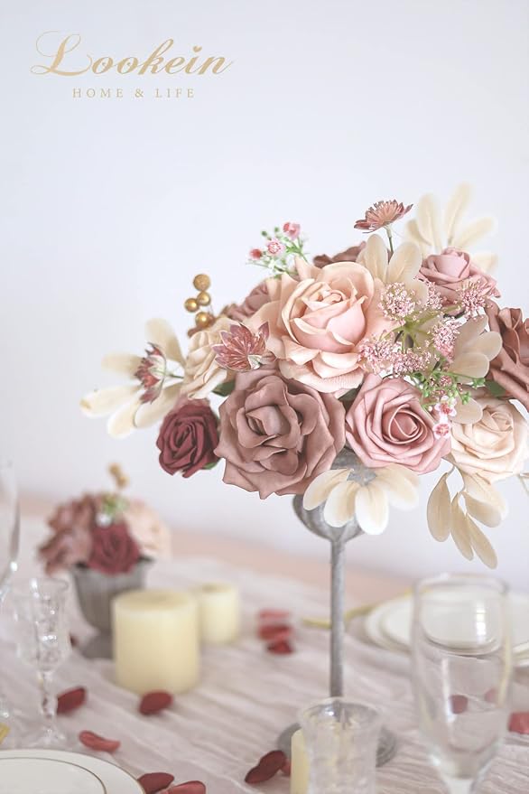 Lookein Artificial Flowers for DIY Wedding Decoration Bridal Bouquet Table Centerpieces Flower Wreaths Aisle Flowers Home Decor, Belle Dusty Rose