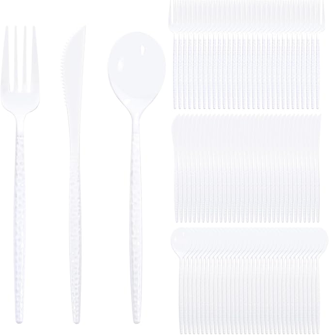 Supernal 360pc Heavy Duty White Plastic Silverware Set for Wedding Party | Durable Hammered Cutlery Flatware Utensils (120 Forks, 120 Knives, 120 Spoons) Bulk Pack for Catering Birthday