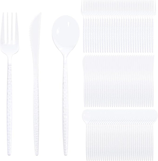 Supernal 360Pcs White Plastic Silverware, Hard Plastic Cutlery Heavy Duty Hammered Durable Utensils,White Silverware Set Include 120 Forks and Spoons,120 Knives Suitable for Wedding & Party