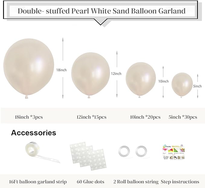 Pearl White Balloon Garland Double Stuffed Pearl White Beige Balloons 18/12/10/5 Inch Different Sizes for Baby Shower Birthday Wedding Bridal Shower Decorations Party Supplies