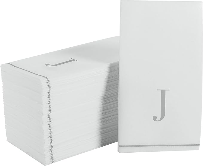 Luxe Party 112 Pack Monogram Napkins | Letter J Initial | Disposable | Premium Airlaid | Linen Feel | Decorative Table Setting | Guest Towel Napkin | White and Silver