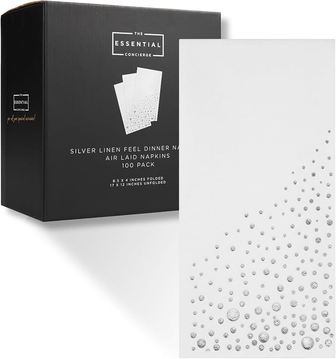 Stylish White and Silver Napkins for Party, 100 Linen Feel Disposable Dinner Napkins, 8.5x4.25" Silver Hand Towels for Bathroom, Cloth Like Linen Feel Guest Towels for Wedding, Reception or Event