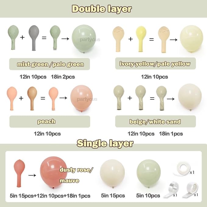 Dusty Pink Yellow Green Balloon Arch, Double Stuffed Sage Light Yellow Peach White Sand Mauve Pastel Balloon Garland Kit for Baby Shower Birthday Bridal Wedding Floral Valentines Party Decoration