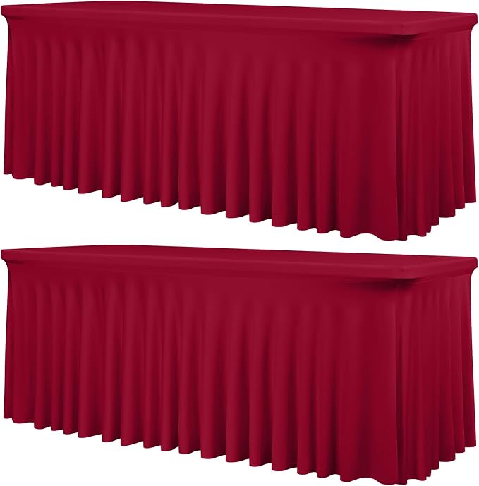 fani 2 Packs Burgundy Stretch Table Skirts for 6 Foot Rectangle Table, Washable Spandex Stretch Tablecloths with Skirt, Wrinkle Resistant Fitted Tablecover for Wedding Party Banquet
