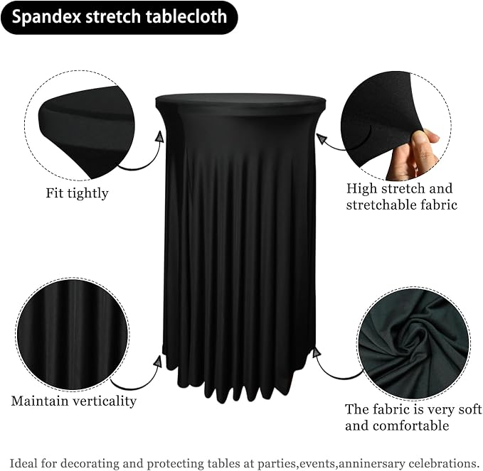 1 Pack 32"x43" Black Round Cocktail Table Skirt| Cocktail Spandex Tablecloth |Spandex Fitted High Top Table with Skirt|Stain 、Wrinkle Resistant、Washable for Bar Wedding Cocktail Party Banquet Table