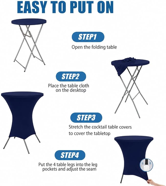 Cocktail Table Covers - 2 Pack 32x43 Inch Table Cloth - Navy Blue Fitted Stretch Spandex Round High Top Tablecloth for Party, Bar, Birthday, Pub, Banquet