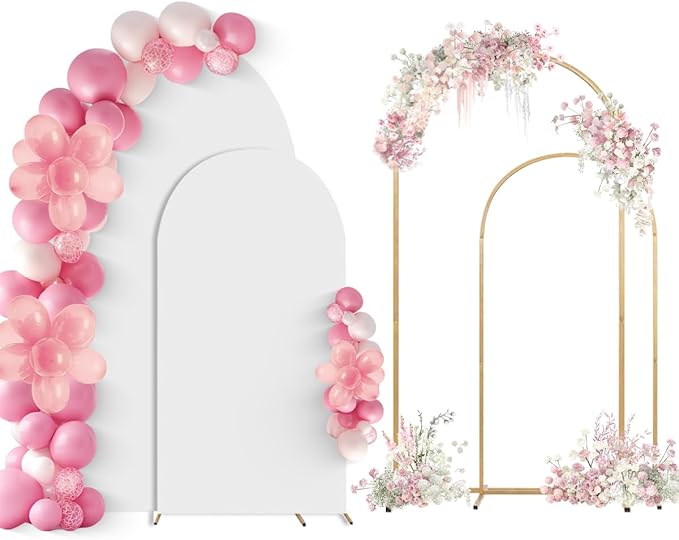 SuuWoee Arch Backdrop Stand Set of 2 With Cover (6FT+5FT),Gold Metal Wedding Arch Balloon Stand With Cover for Birthday Party Baby Shower Graduation Ceremony Decoration