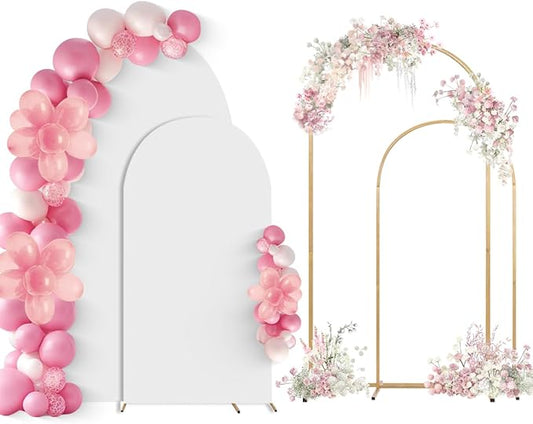 SuuWoee Arch Backdrop Stand Set of 2 With Cover (6FT+5FT),Gold Metal Wedding Arch Balloon Stand With Cover for Birthday Party Baby Shower Graduation Ceremony Decoration