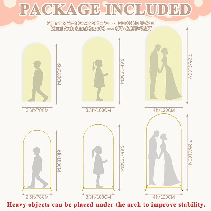 Arch Backdrop Stand with Cover Metal Arch Stand and Yellow Arched Cover 7.2FT, 6.6FT, 6FT Wedding Arch Backdrop Stand and Covers Set for Happy Birthday Baby Shower Graduation Party Decor