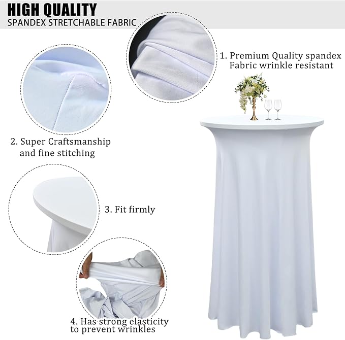 4-Pack 24"x43" White Round Cocktail Table Skirts | Stretch Spandex Fitted Tablecloths | Wrinkle-Resistant, Stain-Resistant, and Machine Washable for Bars, Weddings, Parties, and Banquets