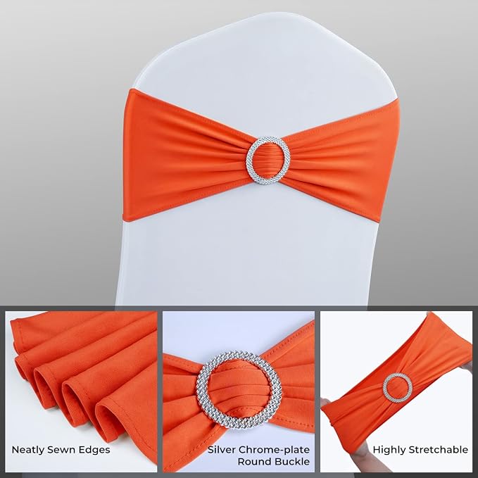 Babenest Spandex Chair Sashes Bows 50PCS Premium Stretch Chair Cover Band with Buckle Slider Universal Elastic Chair Ties for Wedding Party Ceremony Reception Banquet Decoration (Orange)