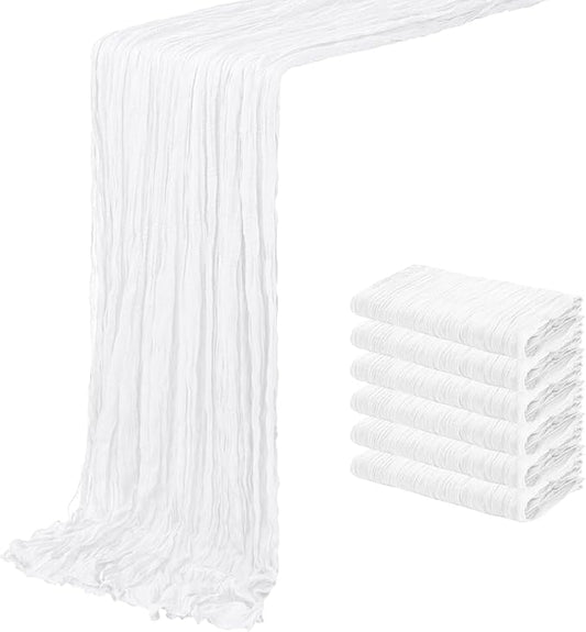 6 Pack White Cheesecloth Table Runner 20 x 120 inch Gauze Table Runners 10 FT Long,Semi Sheer Boho Cheese Cloth Fabric Table Runner Bulk for Wedding,Party,Baby Shower,Bridal Shower Decoration