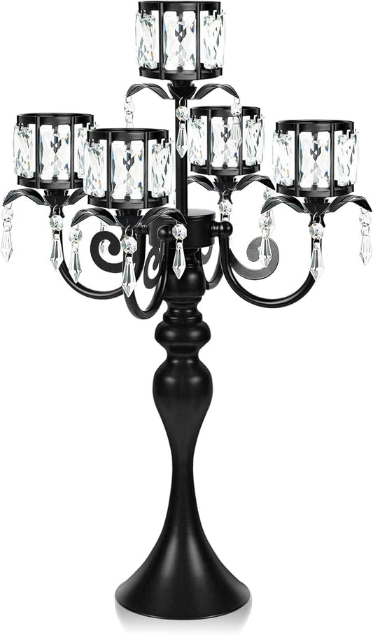 1PC Black 5 Arm Pendant Square Crystal Table Decor 22 Inch Candle Holder,Classic Elegant Table Centerpiece Atmosphere Candle Holder for Gift Wedding Party Home Decor