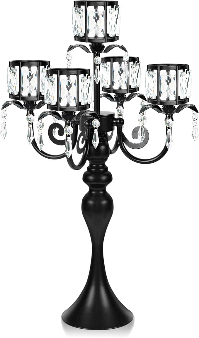 1PC Black 5-Arm Crystal Pendant Metal Candle Holder with Square Crystal Bowl, 22-Inch Tall Wedding Table Centerpiece for Holiday Party Events, Christmas, Birthday Decorations