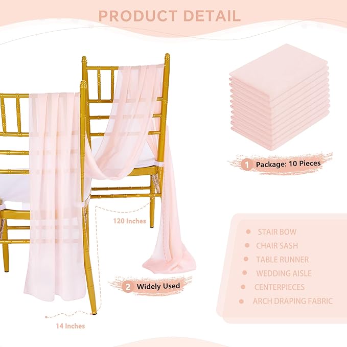 10 Feet Chiffon Table Runner Light Peach 10 Packs 14x120 Inches Chiffon Table Fabric for Spring Wedding Ceremony Baby Shower Party Table Decoration