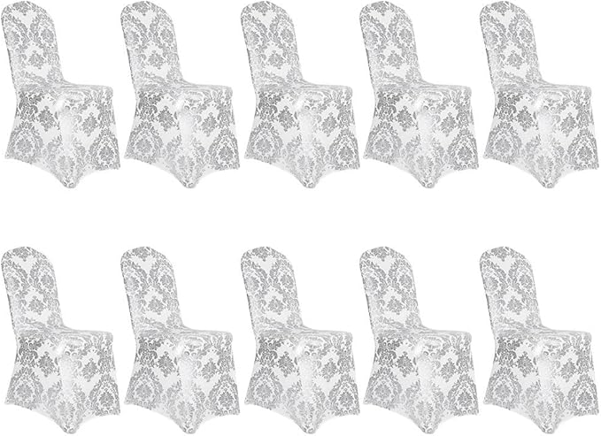 Pack of 10 Dining Chair Covers Bronzing Silver Flower Print Removable Washable Spandex Stretch Decorative Chair Slipcovers Set for Party Wedding Home Decorations - Silver+White