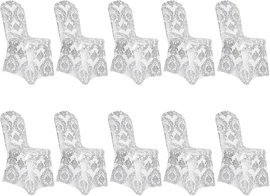 Pack of 10 Dining Chair Covers Bronzing Silver Flower Print Removable Washable Spandex Stretch Decorative Chair Slipcovers Set for Party Wedding Home Decorations - Silver+White