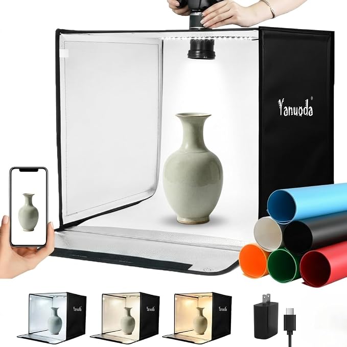 24" Photo Light Box with 35W Type-C Power Adapter, 300 LEDs Photography Studio Lightbox, 3 Color Temperatures 3000K-5700K Dimmable Shooting Tent, 6 Waterproof PVC Backdrops & Soft Cloth