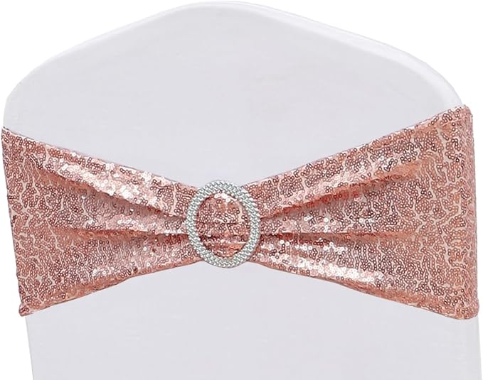 Double-Sided Sequins Rose Gold Chair Sashes for Wedding Decor, Rose Gold Sequin Chair Sashes Bands with Silver Buckles, Chair Bows for Party Ceremony Event Christmas Decorations - 100 Pack