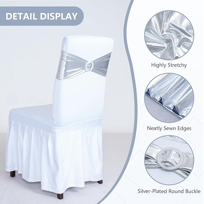 SquarePie 100 PCS Metallic Silver Spandex Chair Sashes - Shiny Stretch Bows with Buckle Slider - No-Tie Universal Elastic Chair Bands for Wedding Reception Party Banquet Event