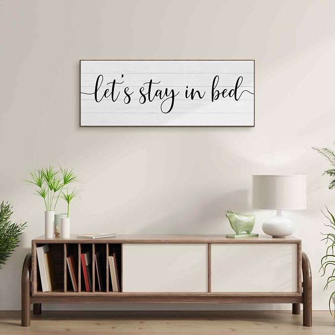 TLESKE Let's Stay in Bed Sign Large Wall Art Decor Framed 15x40, Above Bed Over Bed Canvas Wall Art Decor Print for Bedroom, Rustic Farmhouse Bedroom Signs Wall Artwork Picture