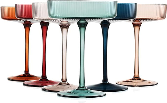Colored Vintage Art Deco Coupe Glasses - Martini, Cocktail & Champagne Ribbed Glasses 7oz | Set of 6 | Cute Pastel Muted Crystal Cocktail Glassware, Goblet Cocktails, Stemmed Ripple Glassware Gift Box