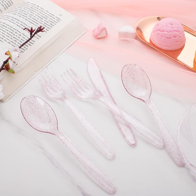 WDF 360 Pink Glitter Plastic Silverware - Disposable Glitter Cutlery - Plastic Silverware inluding 120 Forks, 120 Spoons, 120 Knives for Pink Birthday,Baby Shower