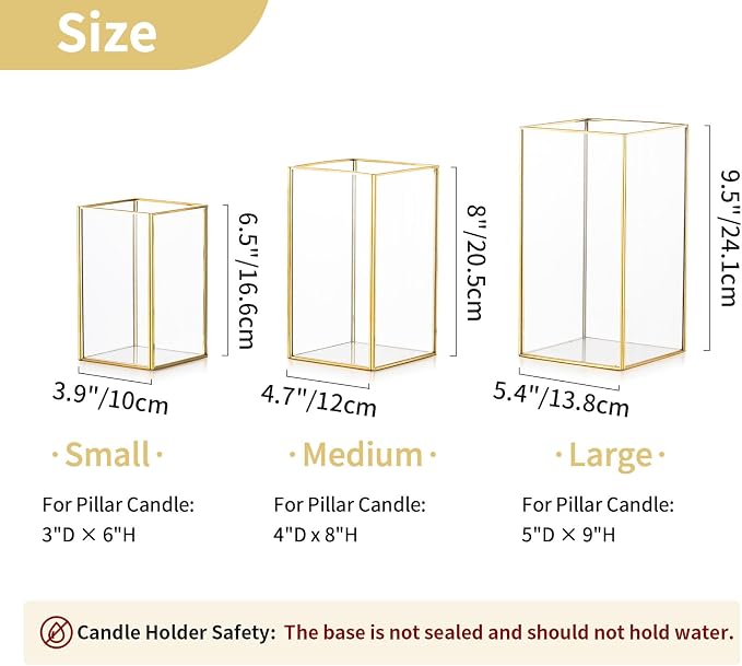 Nuptio Glass Hurricane Candle Holder Set of 3 Gold Pillar Candle Holders Large Rectangular Candleholder Table Centerpieces Decoration for Wedding Christmas Holiday Home Ornaments 9.5 & 8.1 & 6.5 inch